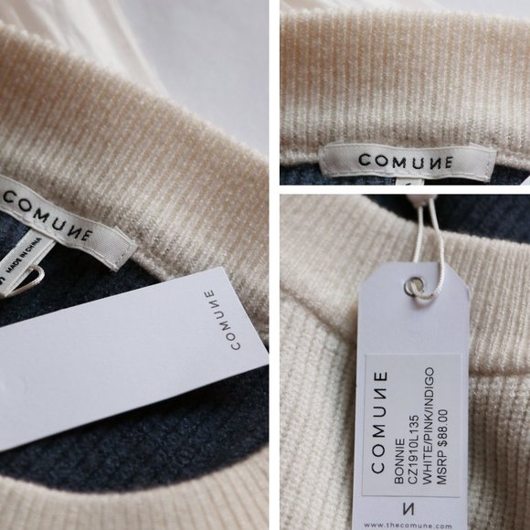 NEW Comune Bonnie Pink Indigo Ivory Colorblock Rib Knit Crew Neck Sweater $88 - Picture 7 of 13